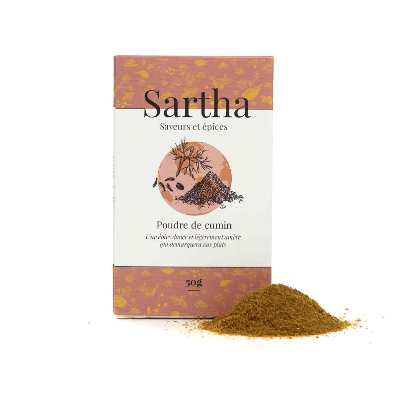 Cumin en poudre Inde Sartha, boite carton 50g sur fond blanc avec produit devant
