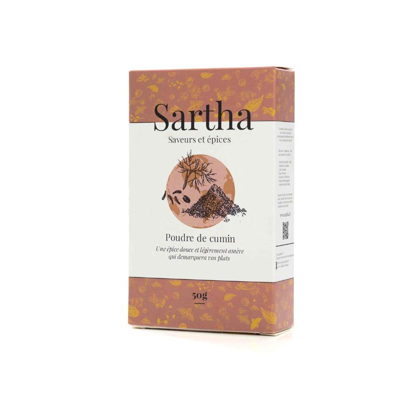 Cumin en poudre Inde Sartha, boite carton 50g sur fond blanc