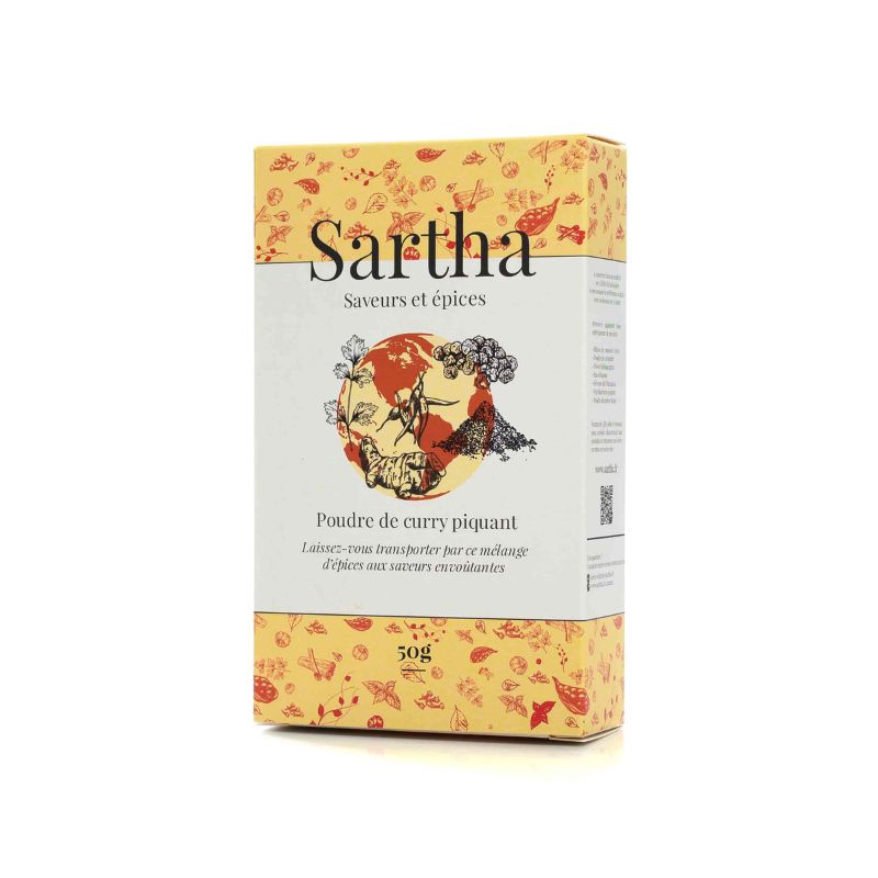 Curry piquant Inde Sartha, boite carton 50g sur fond blanc