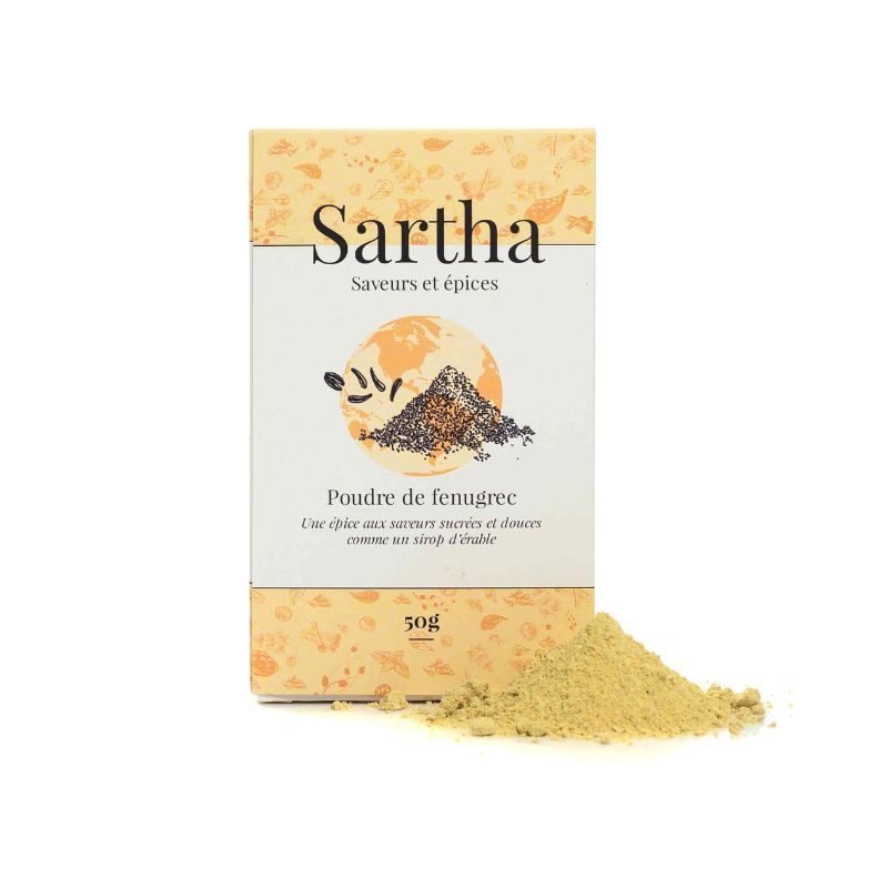 Fenugrec en poudre Inde Sartha, boite carton 50g sur fond blanc avec produit devant