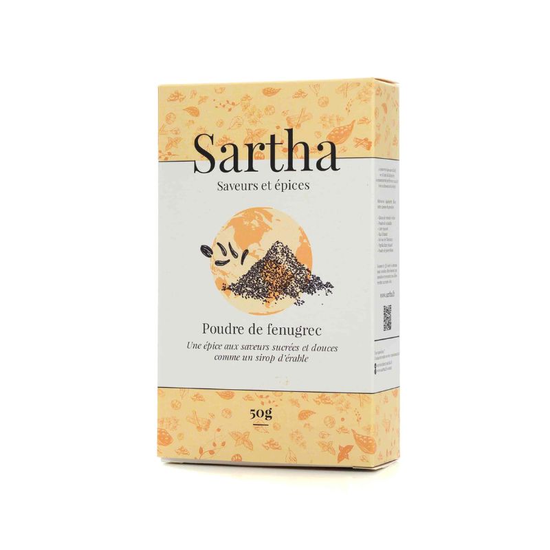 Fenugrec en poudre Inde Sartha, boite carton 50g sur fond blanc