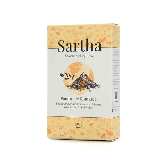 Fenugrec en poudre Inde Sartha, boite carton 50g sur fond blanc