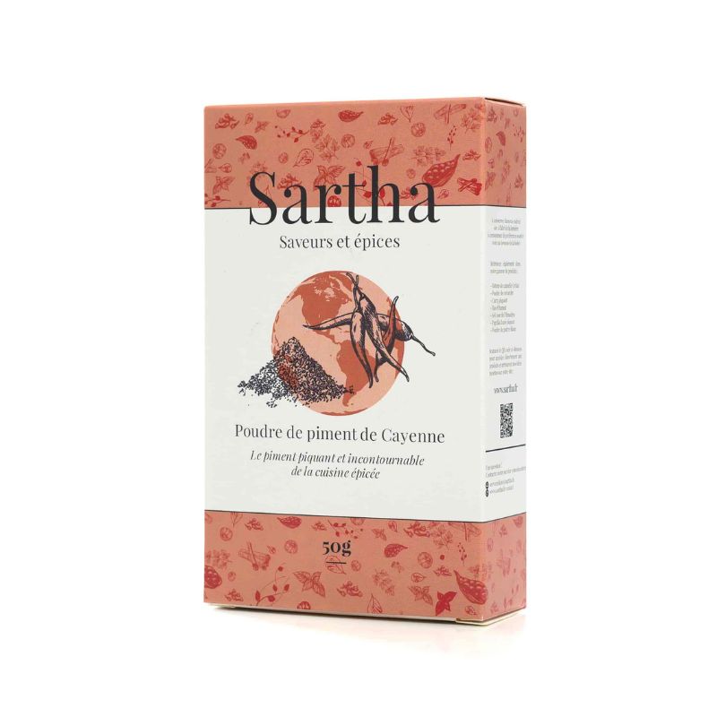 Paprika fumé piquant en poudre Espagne Sartha, boite carton 50g sur fond blanc