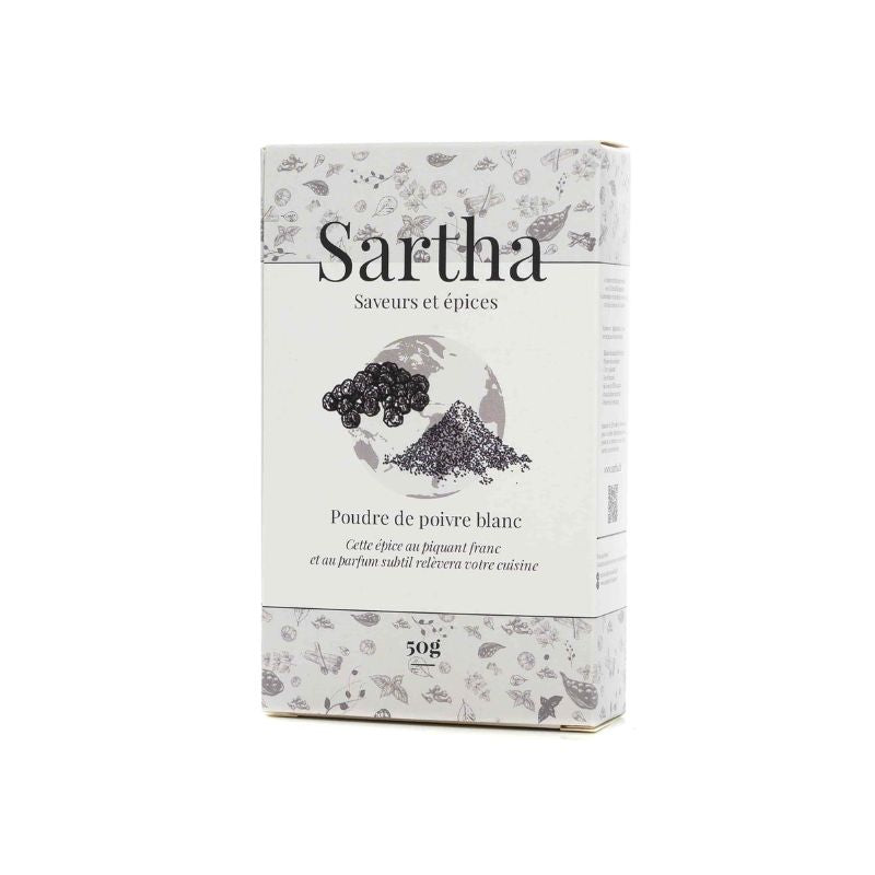 Poivre Blanc du Vietnam Sartha, boite carton 50g sur fond blanc