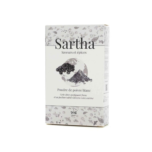 Poivre Blanc du Vietnam Sartha, boite carton 50g sur fond blanc