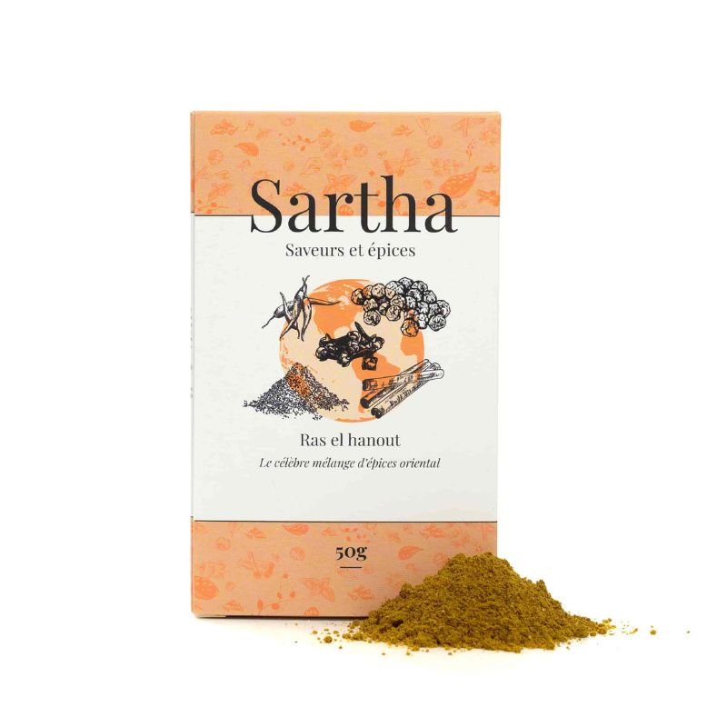Ras el hanout Sartha, boite carton 50g sur fond blanc avec produit devant