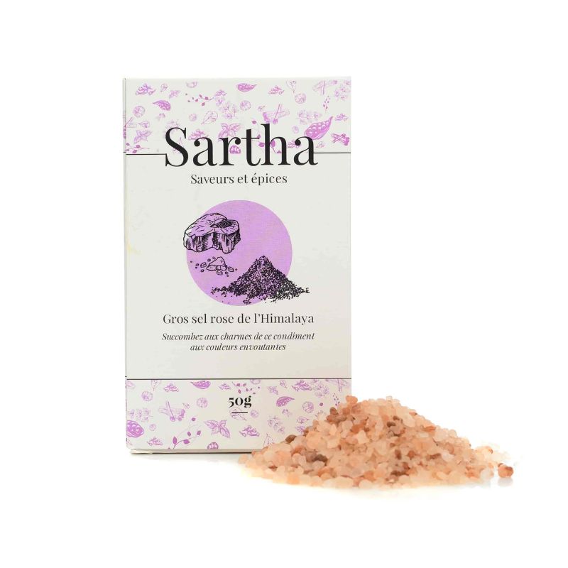 Sel rose de l'Himalaya Sartha, boite carton 50g sur fond blanc avec produit devant