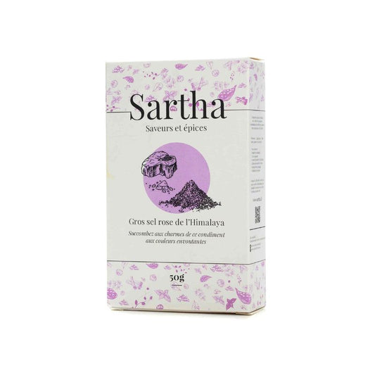 Sel rose de l'Himalaya Sartha, boite carton 50g sur fond blanc